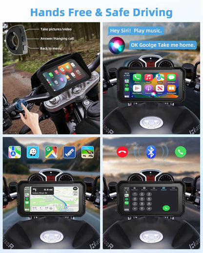 4K Motorfiets CarPlay Android Auto met Dashcam voor en achter, 6,25 inch CarPlay-scherm GPS Dashcam Motorfiets IP67 Waterdicht Touchscreen, Navigatieapparaten Dubbele Bluetooth Spraakbediening 64G TF