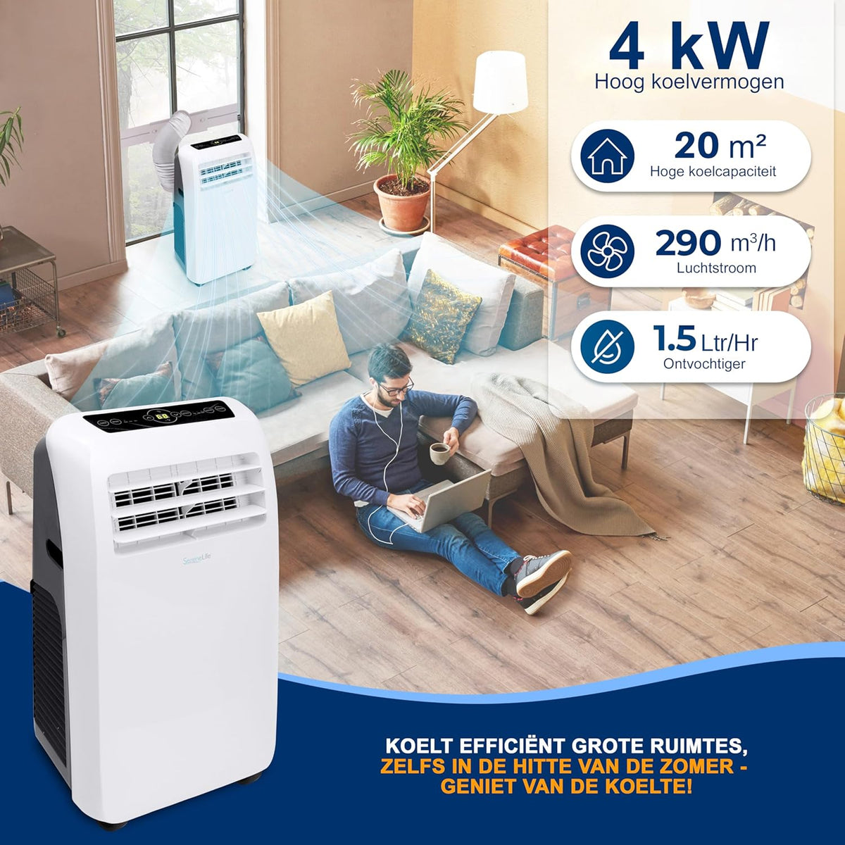 SereneLife Air Conditioner, 3-in-1 Portable Air Conditioner with Built-in Dehumidifier Function, Mobile Air Conditioner with Fan Mode, Remote Control, Complete Window Mount Exhaust Kit, 9,000 BTU, White - QUORE