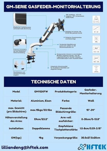 Monitorarm – Monitorbeugel – Monitorhouder – Schermarm – Tafelbeugel – Wit – Gasdrukveer – VESA 75x75 En 100x100