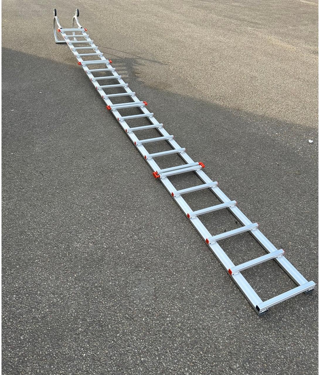 Dakladder, lengte 4,65 m, eenvoudig te installeren, 2 verlengingen van 2,00 m + 1 haak van 0,65 m, met wielen 120 mm, volledig van aluminium, zeer licht, 12 kg, belastbaarheid tot 150 kg