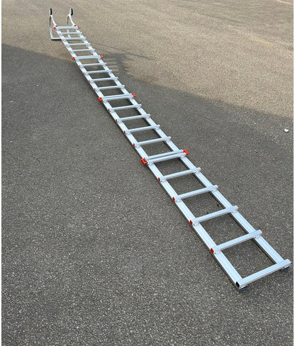 Dakladder, lengte 4,65 m, eenvoudig te installeren, 2 verlengingen van 2,00 m + 1 haak van 0,65 m, met wielen 120 mm, volledig van aluminium, zeer licht, 12 kg, belastbaarheid tot 150 kg