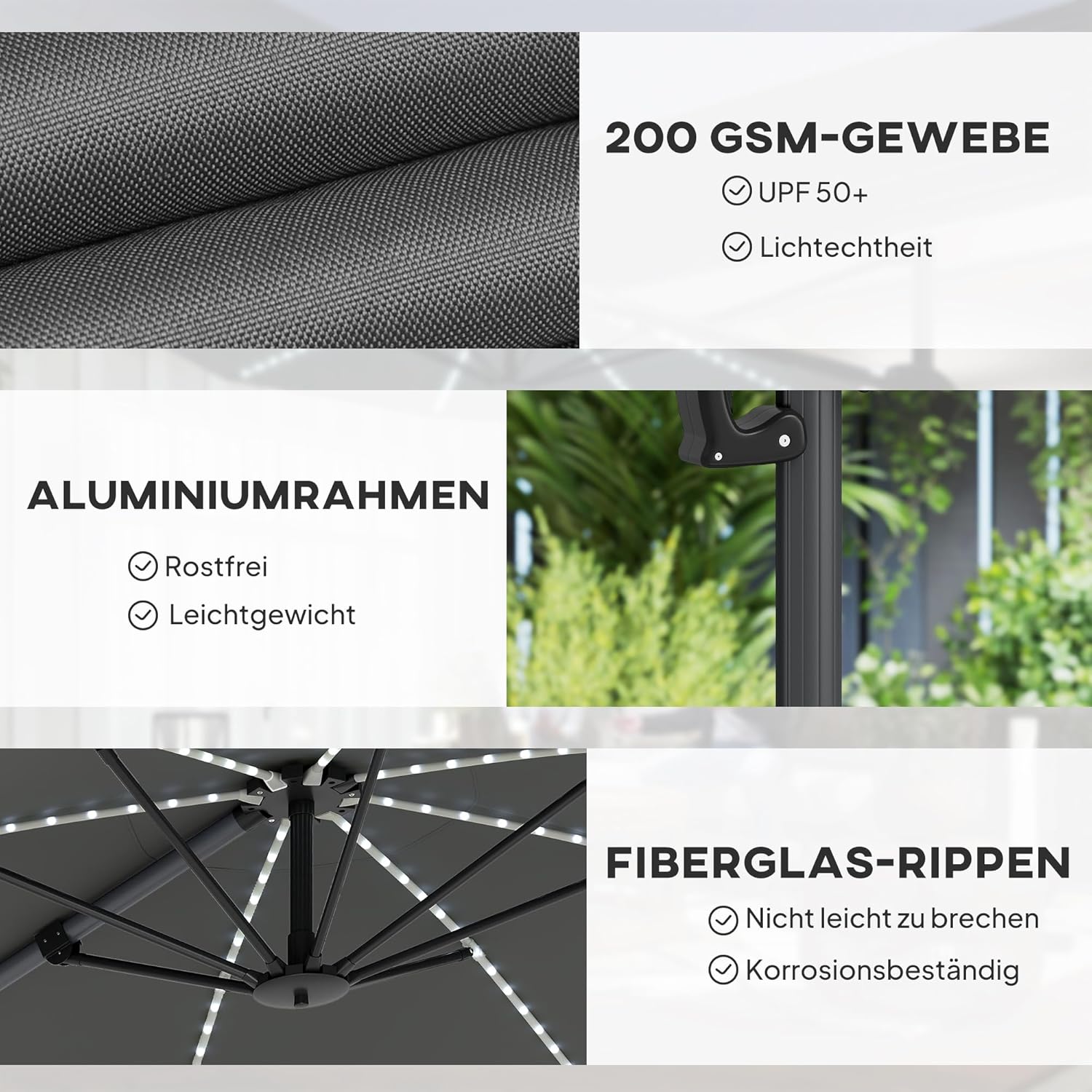 Outsunny Alu Ampelschirm LED Solar Ø300cm höhenverstellbar Sonnenschirm mit Kurbel Ständer UV50+ Wasserabweisend 360° drehbar Marktschirm neigbar Gartenschirm Sonnenschutz für Garten Balcony - QUORE