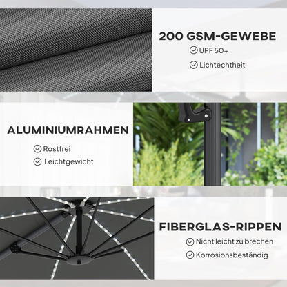 Outsunny Alu Ampelschirm LED Solar Ø300cm höhenverstellbar Sonnenschirm mit Kurbel Ständer UV50+ Wasserabweisend 360° drehbar Marktschirm neigbar Gartenschirm Sonnenschutz für Garten Balcony - QUORE
