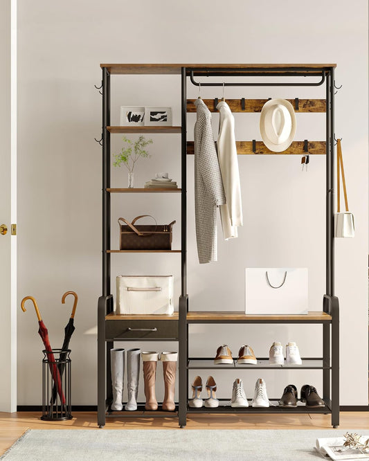 Hzuaneri Hall Tree, Coat Rack with 3-Tier Storage Bench and 1 Drawer, 5-in-1 Hallway Bench with 17 Hooks, 1 Hanging Bar, 4-Tier Side Shelves, Rustic Brown HT03501B