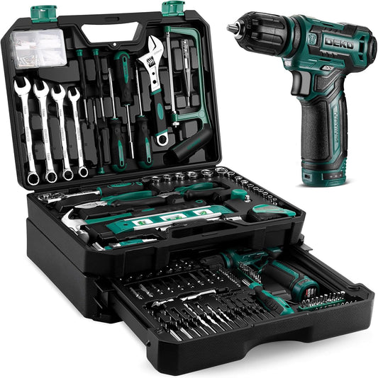 Gereedschapskit Box Boorset: DEKO 238 stuks Home Mechanic Toolbox met 12V Power Draadloze Boor Hand Reparatie Gereedschap Sets Combo Kits Opslag Organizer Lade Case voor Mannen (Groen)