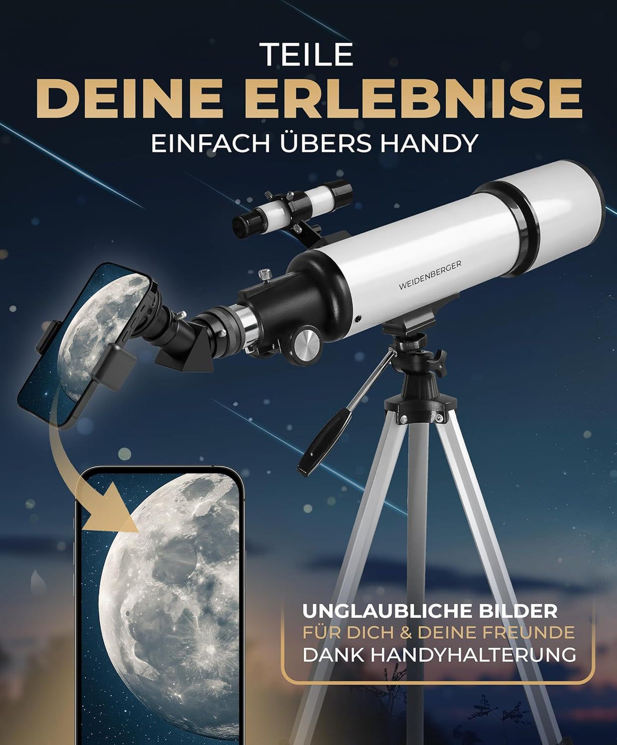 Telescoop 60800 – refractorverrekijker, 60 mm opening, 800 mm brandpuntsafstand, 3 oculairs + 3 x barlow lens, zoekerverrekijker, statief en adapter voor mobiele telefoons – voor