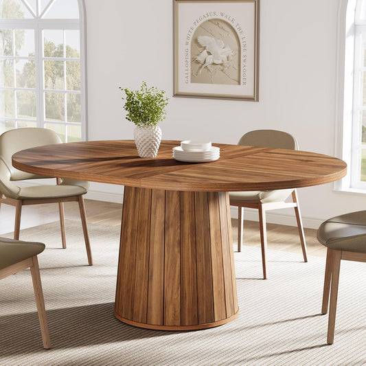 Tribesigns Oval Dining Table for 6 People, 140 cm Farmhouse Wood Dining Table, Rustic Kitchen Table with Wooden Table Top and Cylindrical Pedestal for Dining Room (Brown)