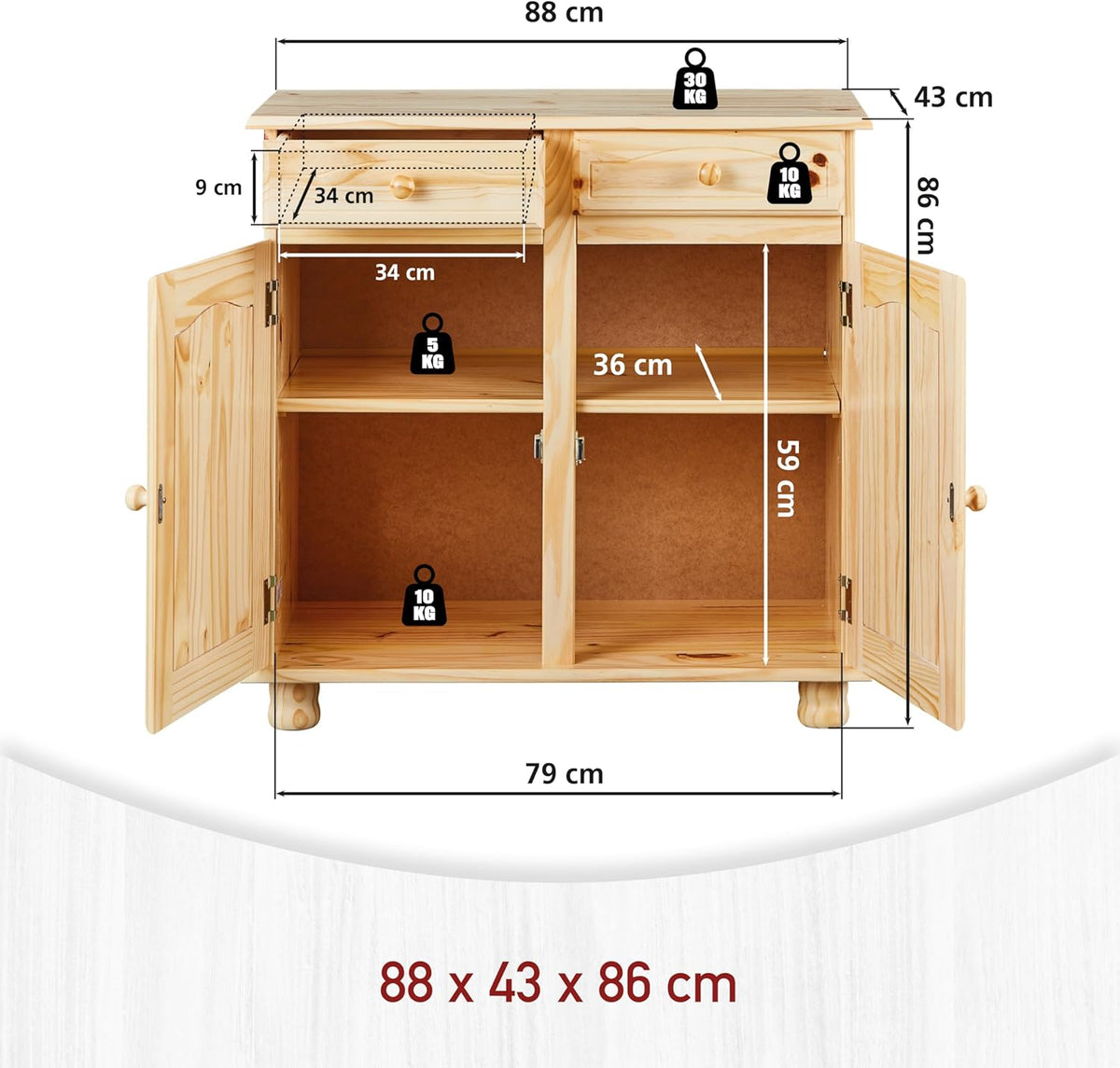 Inter Link - Cottage ladekast - Dressoir - Cottage dressoir - Bijzetkast - Massief grenen - 2 deuren - 2 laden - naturel gelakt