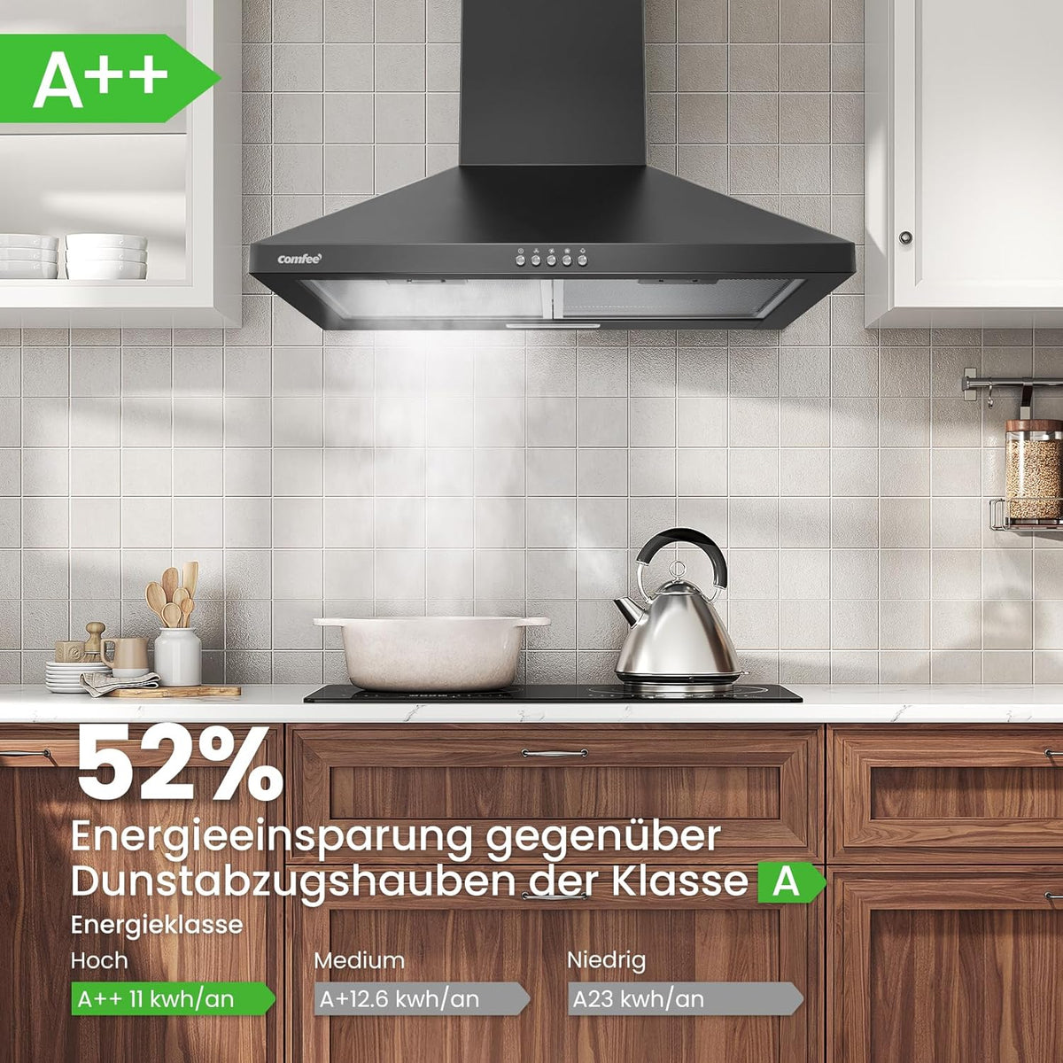 COMFEE CH60A17EM400B Afzuigkap, 60 cm convectie en afvoerlucht, wandkap met actieve koolfilter, 400 m³/u luchtstroom, 5 lagen, wasbaar vetfilter, instelbare open haard, zwart