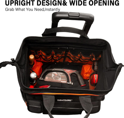 HAUTMEC 14,5 inch rollende gereedschapstas met wielen, 25-pocket draagbare gereedschapskist organizer met 600D waterbestendige stof, brede mond ontwerp, extra grote wielen en telescopische handgreep -
