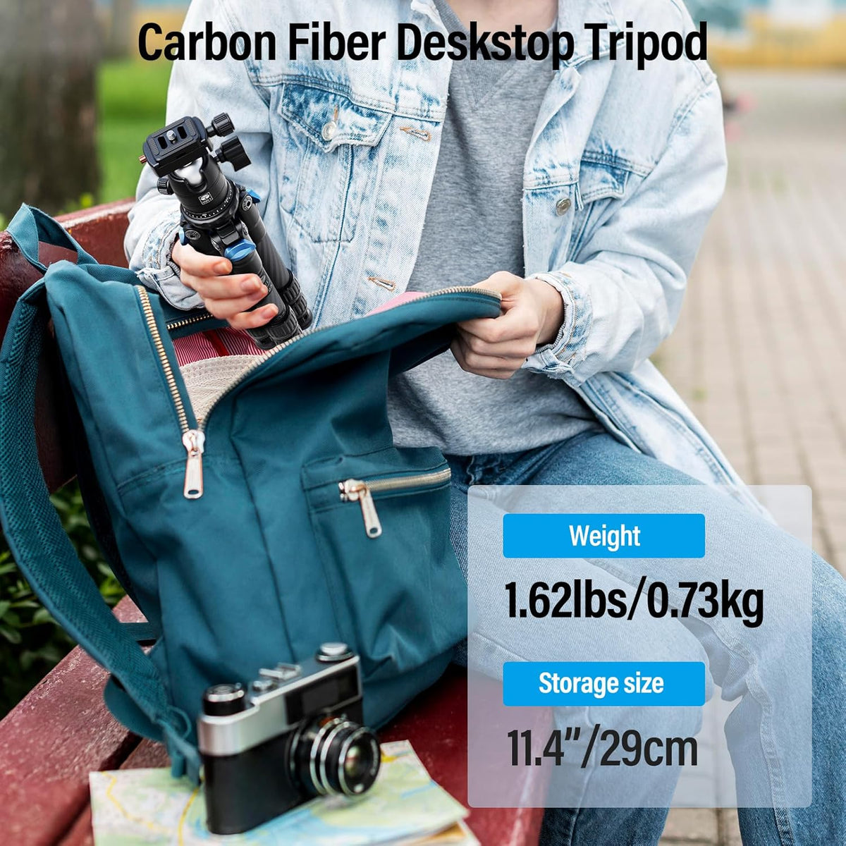 SIRUI Carbon Mini Statief, 43cm Desktop Statief Koolstofvezel met 360° Kogelkop, Draagbaar Mini Tripod voor DSLR Camera Video Camcorder, Belasting tot 10 kg, AM-223+B-00K