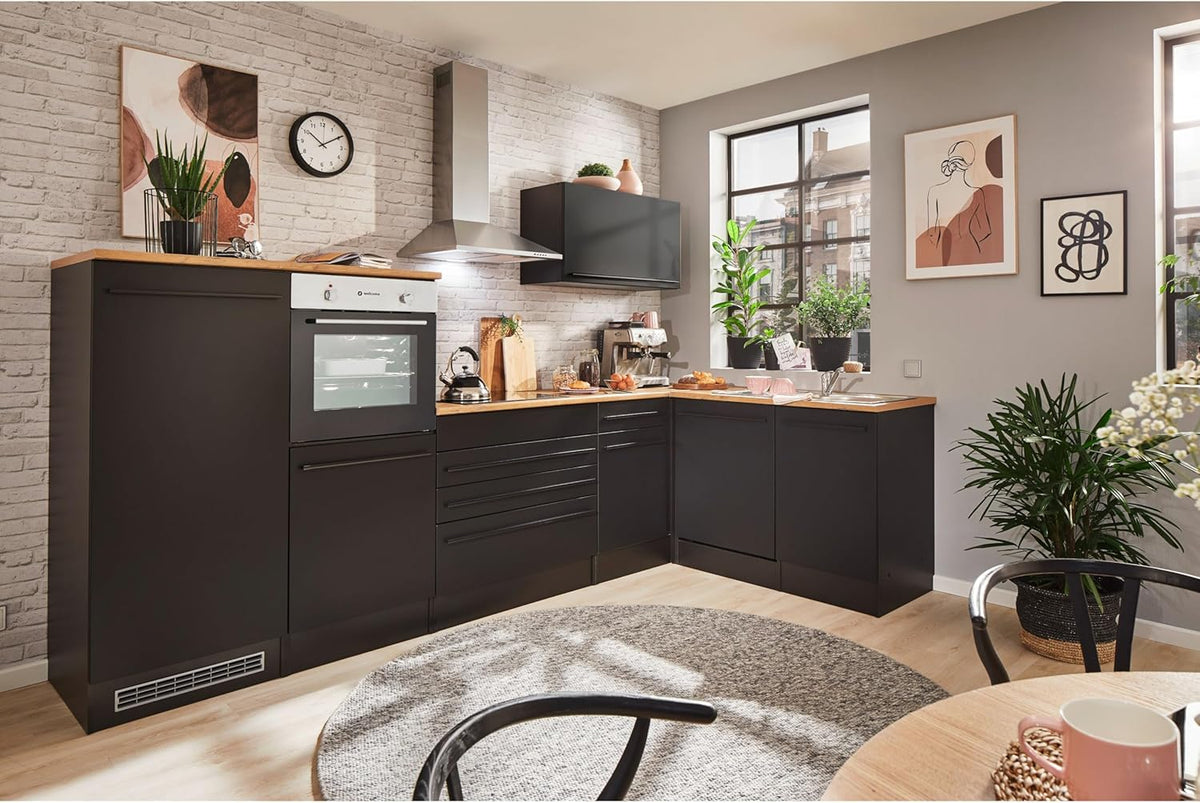 Jazz Moderne hoekkast, keuken met werkblad in mat zwart, lanzelot eikenlook, ruime hoekonderkast met veel opbergruimte, 115 x 90 x 60 cm (b x h x d)