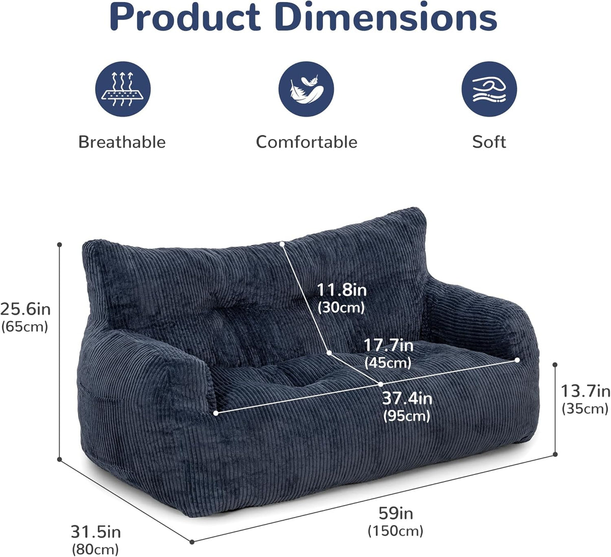 Pamapic Zitzak voor volwassenen met vulling, dubbele woonkamerstoel met draagbare handgreep, ergonomisch, modern, voor woonkamer, slaapkamer, speelkamer, blauw