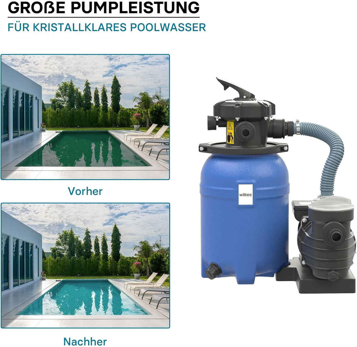 Wiltec zandfiltersysteem 250 W met 14 liter filtertank en zelfaanzuiging 10.000 l/h poolpomp