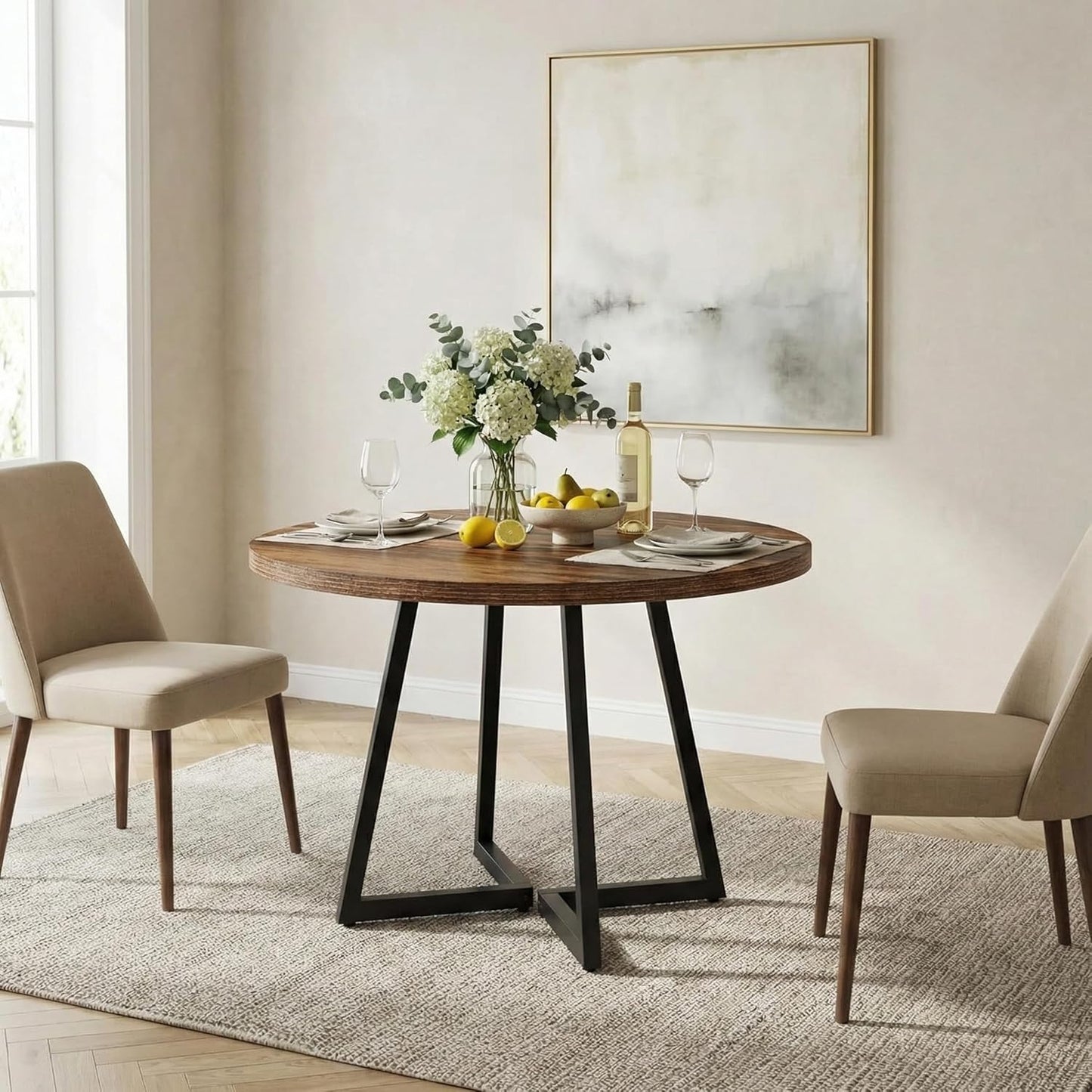 Eettafel Rond – Eetkamertafel Rond – Industrieel Tafeltje – Dining Table – Compacte Tafel – 80x80 cm – Met Zwart Metalen Onderstel