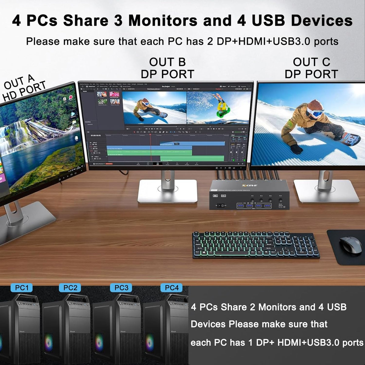 YOUTINGHD KVM Switch 4 PC 3 Monitoren 8K @60Hz 4K @144Hz, USB 3.0 Triple Monitor 2x DisplayPort 1.4 + HDMI 2.1 Muistoetsenbord, Bedrade Afstandsbediening en Power