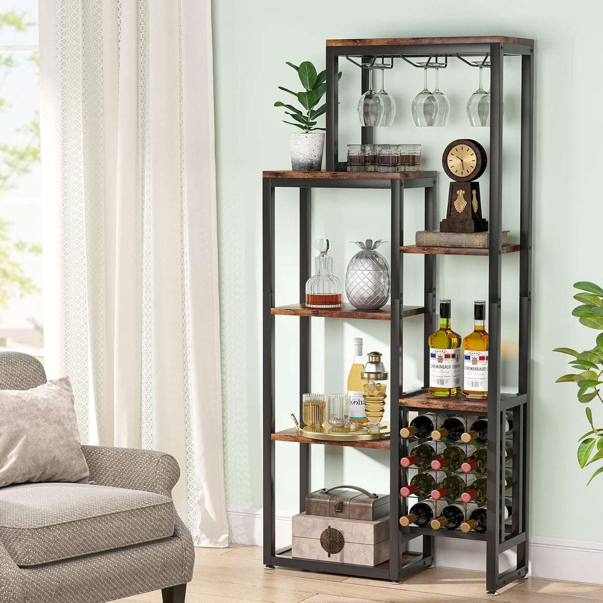 Tribesigns 2 Pcs Freestanding Floor Wine Rack - 5 Tier Wine Display Shelf with Glass Holder and Storage, Industrial Bar Cabinet for Kitchen, Dining Room (Rustic Brown)