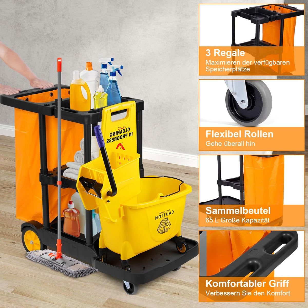 Bimiti Professionele reinigingswagen met extra grote tas, 113 x 56 x 93 cm, 3 niveaus met grote capaciteit, reinigingswagen, afvalzakken van 65 liter, geel en zwart