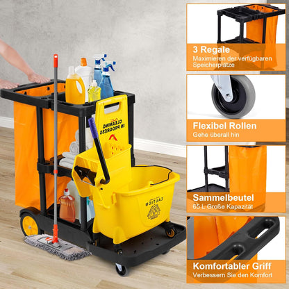 Bimiti Professionele reinigingswagen met extra grote tas, 113 x 56 x 93 cm, 3 niveaus met grote capaciteit, reinigingswagen, afvalzakken van 65 liter, geel en zwart