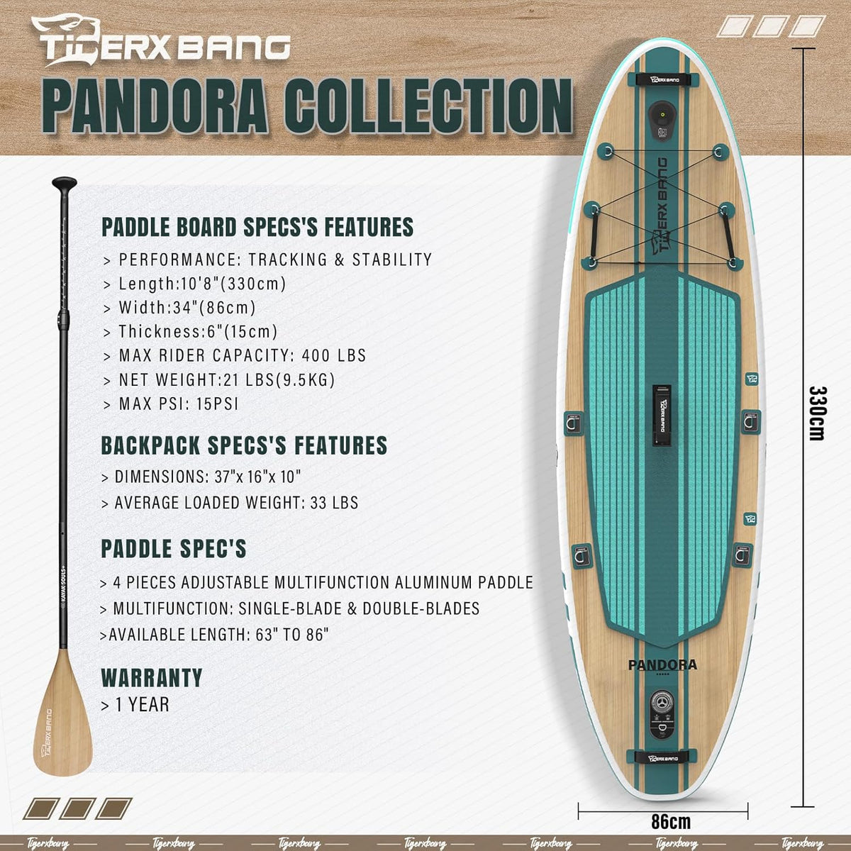 TIGERXBANG stand-up paddleboard, 3,3 m met complete premium opblaasbare SUP-accessoires, extra breed SUP-board voor volwassenen en kinderen, Pandora-collectie