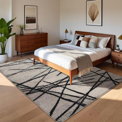 Vloerkleed Voor Woonkamer, Artistiek Bohemian Tapijt, Slaapkamer, Zacht, Modern, Beige, Laagpolig, Abstract, Lineair Geometrisch Patroon, Antislip (200 x 300 cm)
