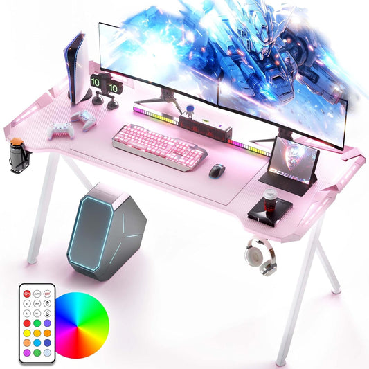 Dowinx LED Gaming Table RGB with Carbon Fiber Surface LED Gaming Desk with Remote Control Game Table with Cup Holder and Headphone Hook, 160 cm, Pink - QUORE