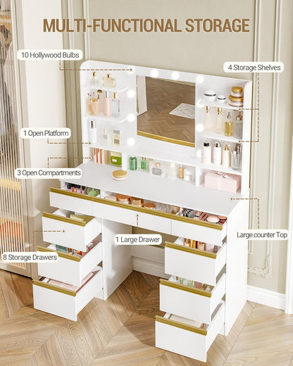 Hzuaneri Large Dressing Table with LED Lighting, 10 LED Globes, 3 Colors, Adjustable Brightness, Dressing Table with Mirror, 9 Drawers, 9 Open Shelves, Modern Style, White-GoldDT35703X