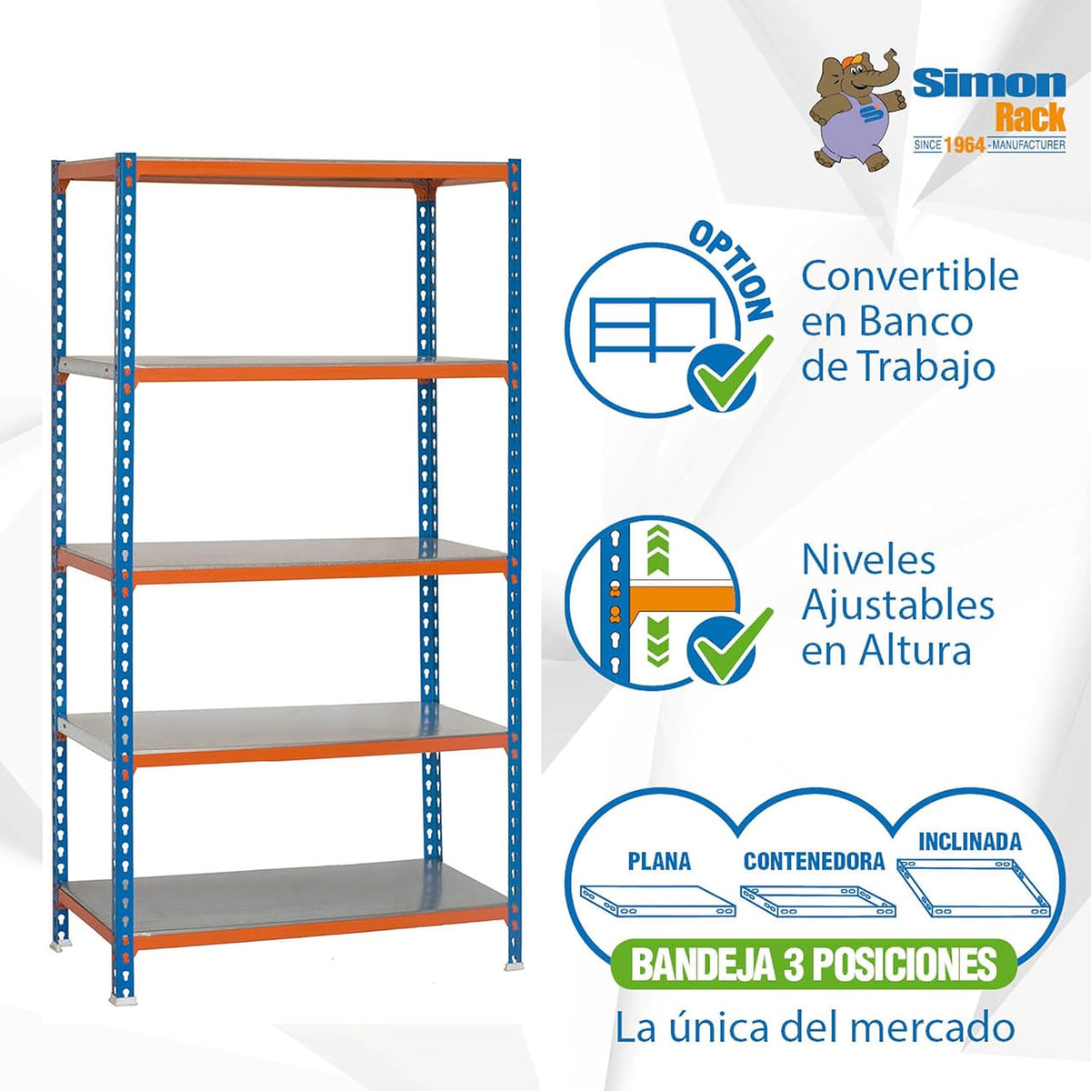 Simon Rack Stellingkast Metaal, 2000x1000x300 mm, Buigpunt 180, 5 Verstelbare Niveaus, Metalen Planken, Robuust Opslagrek voor Garage, Kelder en Werkplaats, Blauw/Oranje/Gegalvaniseerd – SimonClick