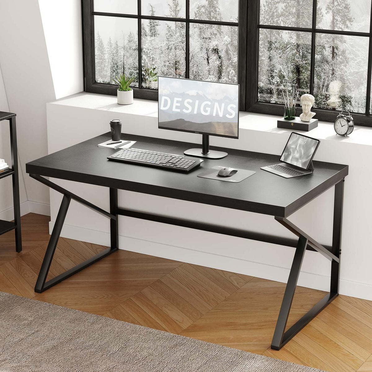 HSH Bureau, computertafel als moderne pc-tafel en bureautafel voor thuiskantoor, van metaal en hout, voor woonkamer, slaapkamer, werkkamer, zwart, 140 cm