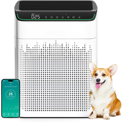 Luchtreiniger met allergieën voor woning, rookkamer, luchtzuiveraar, CADR 340 m³/h voor 157 m³ rookkamer, PM 2,5 luchtkwaliteitsmonitor, wifi- en Alexa-compatibel, 1 verpakking + 4 modi