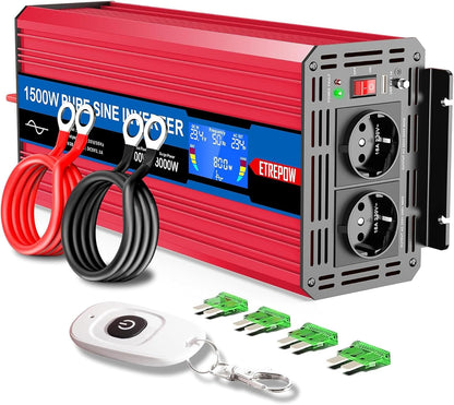 Omvormer 1500W /3000W 24V naar 230V Pure Sinus Volt ETREPOW Auto spanningsomvormer Omvormer Converter Pure Sine Wave Power Inverter DC AC omvormer (Draadloze afstandsbediening, display)