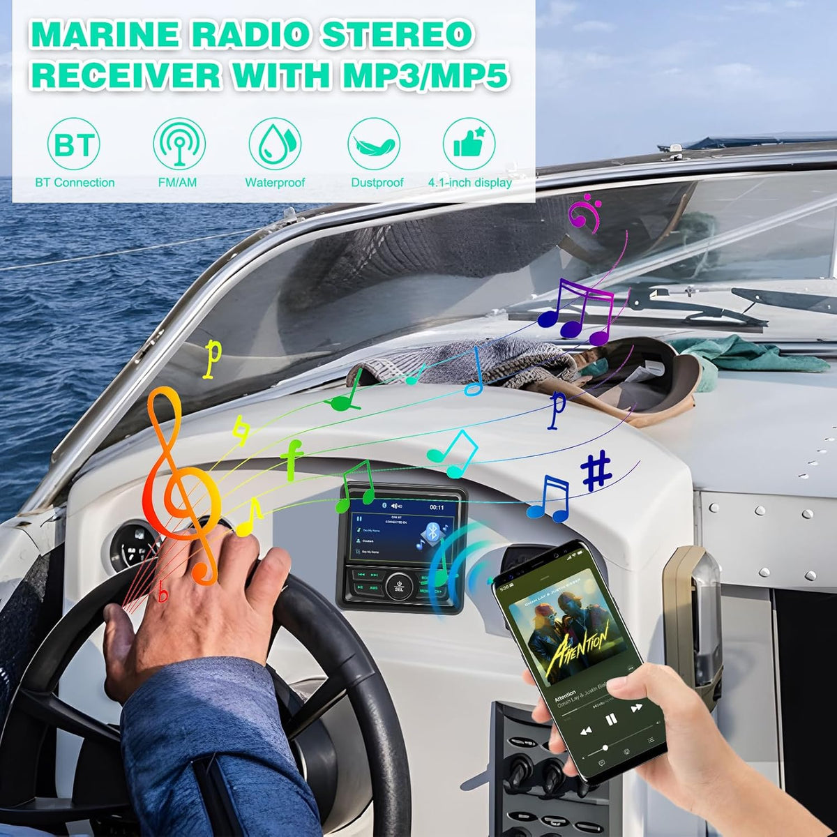 Geloo Marine Boot Stereo radio, waterdicht, MP5 multimediaspeler met 4,1 inch led-digitaal display, AM/FM-radio-ontvanger, universeel voor boten, jachten of golfwagens, ATV's