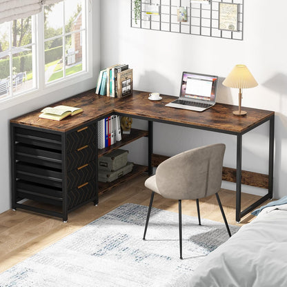 Tribesigns L-Shaped Computer Desk with Storage Drawers, 59 Inch Corner Desk with Shelves, Reversible L Shape Office Desk, Study Writing Desk, Home Office Workstation, Brown