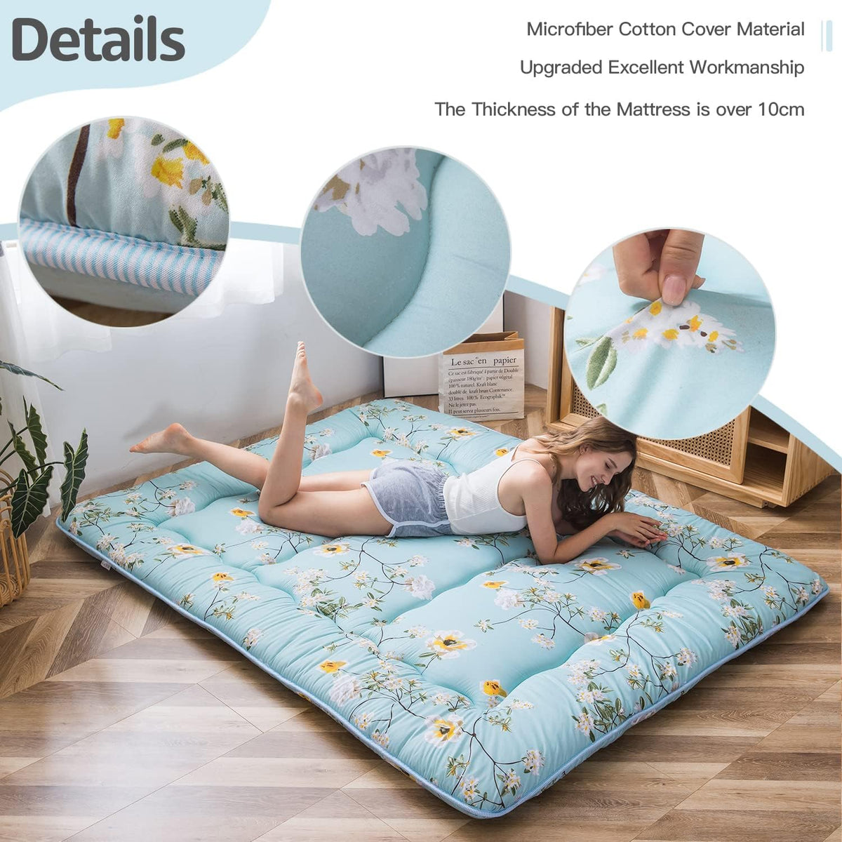 MAXYOYO Japanse vloermatras Futon-matras, Dikker Tatami-mat Slaapmat Opvouwbaar Opklapbaar Matras Slaapzaal Matras Pad Vloerligbed Kussen Bed (Groen Bloemen, Eenpersoons)