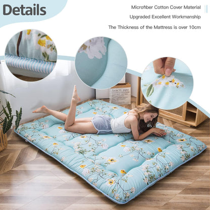 MAXYOYO Japanse vloermatras Futon-matras, Dikker Tatami-mat Slaapmat Opvouwbaar Opklapbaar Matras Slaapzaal Matras Pad Vloerligbed Kussen Bed (Groen Bloemen, Eenpersoons)