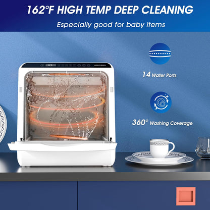 AIRMSEN Mini-vaatwasser met 5 + 1 programma's, tank van 5 liter, 2 watervoorzieningsmogelijkheden, touch-bediening en led-display, ideaal voor familiekeuken, woningen, wit