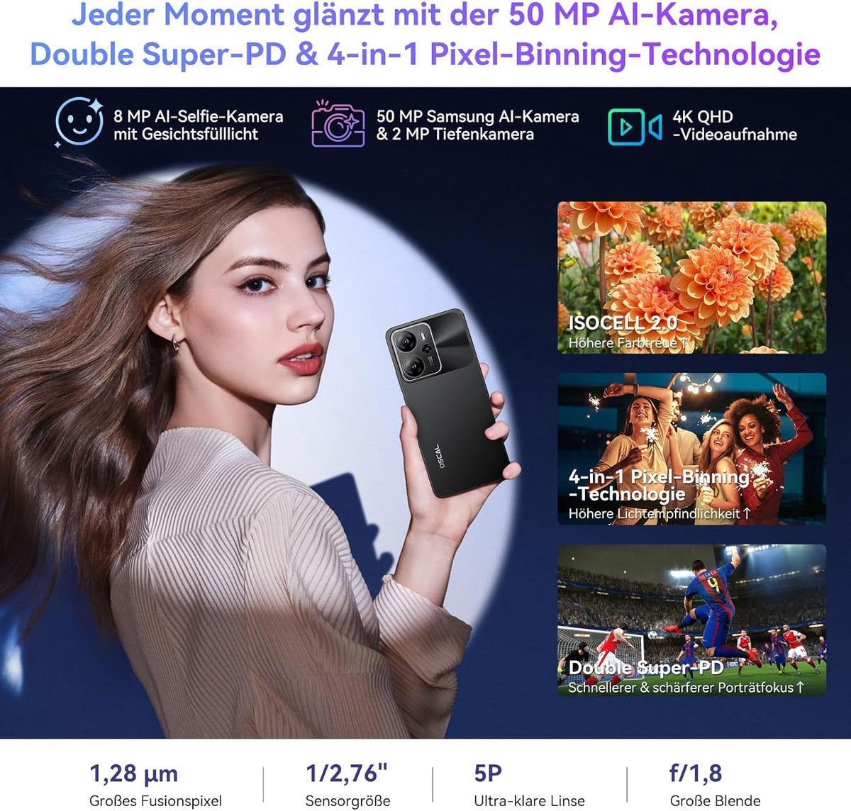 OSCAL Tiger 13 Mobiele telefoon 5G Android 14, Gemini AI, 24 GB + 256 GB/TF-2 TB, Octa Core smartphone 90 Hz display 6,67 inch HD+, 18 W snel opladen, AI 50 MP, 5G Dual SIM/NFC/Face ID/GPS/OTG