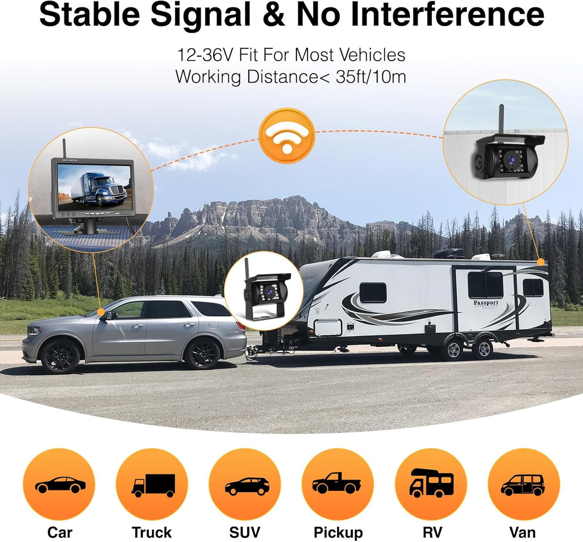Draadloze achteruitrijcameraset met 7 inch monitor, 2 achteruitrijcamera's, IP68 waterdicht, IR-nachtzicht, draadloze autocamera, voor camper, vrachtwagen, bus, vrachtwagen, camper, 12 V-36 V