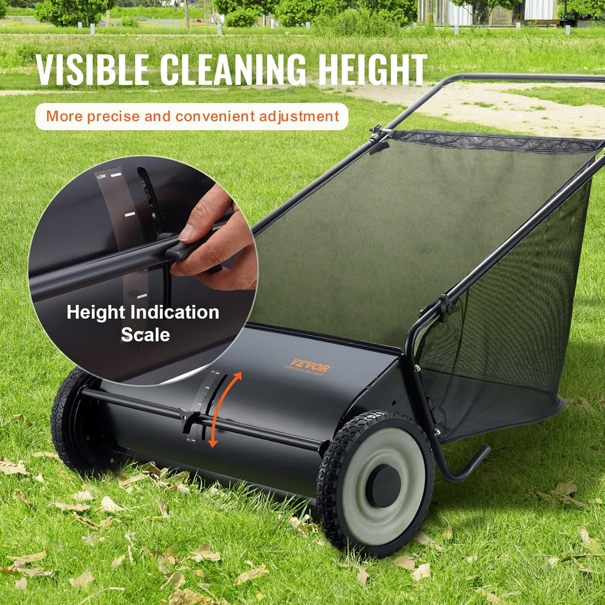 Duwgazonbezem – Tuinveger – Bladveger – Gazonveger – Veegmachine – Grote veegbreedte 66 cm – Robuust stalen frame met 2,1 m³ opvangzak