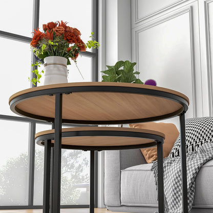 HOJINLINERO Zwarte ronde salontafel set van 2 bijzettafels voor woonkamer, 69,5 x 49 cm industriële stapelen eindtafels, houtlook accentmeubilair met metalen frame eindtafel voor slaapkamerdecoraties,