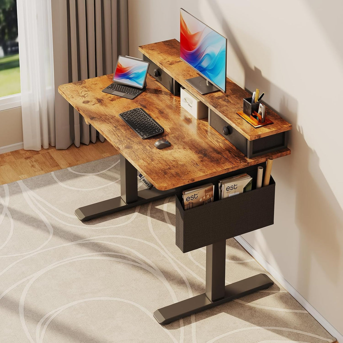 Lufeiya Elektrisch staand bureau, in hoogte verstelbaar, 101 cm (101 cm) zit-sta bureau met lade, klein sta-bureau