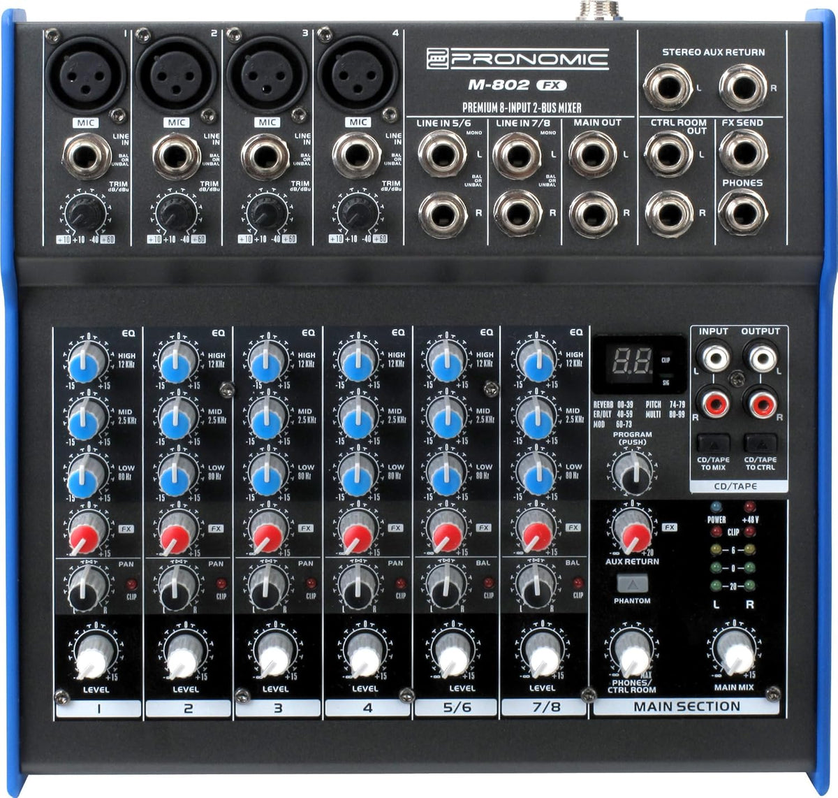 Pronomic M-802FX Live/Studio Mengpaneel met digitale 24bit multieffectprocessor (4 Mono-kanalen XLR/klink, 2 Stereo-kanalen, 3-bands EQ, 48V fantoomvoeding)