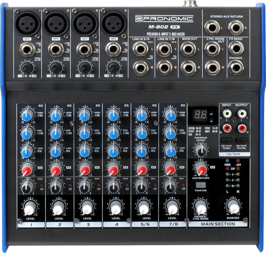 Pronomic M-802FX Live/Studio Mengpaneel met digitale 24bit multieffectprocessor (4 Mono-kanalen XLR/klink, 2 Stereo-kanalen, 3-bands EQ, 48V fantoomvoeding)