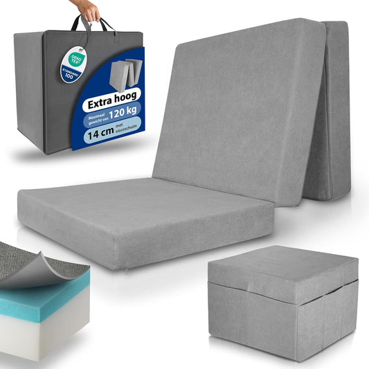 Beautissu Premium XXL Vouwmatras 120x200 cm inkl. Hoes Wasbar – Opvouwbaar Logeermartas Extra Dik 14 cm Traagschuim Matras H3 – Eenvoudig Transport & Hoog Slaapcomfort Opvouwbaar Gastenmatras – Grijs