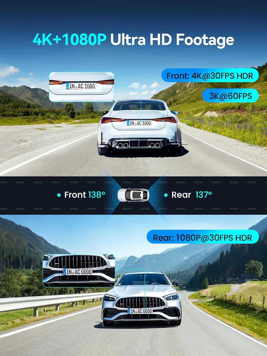DDPAI Dashcam 4K+1080P Dual STARVIS 2 IMX678 60FPS HDR Dashcam Auto Voor en Achter met 32GB eMMC, AI-ISP Nachtzicht, 4G LTE Ondersteuning, 5GHz WiFi GPS, 24H Parkmodus, 3" IPS Display, Z60 Pro