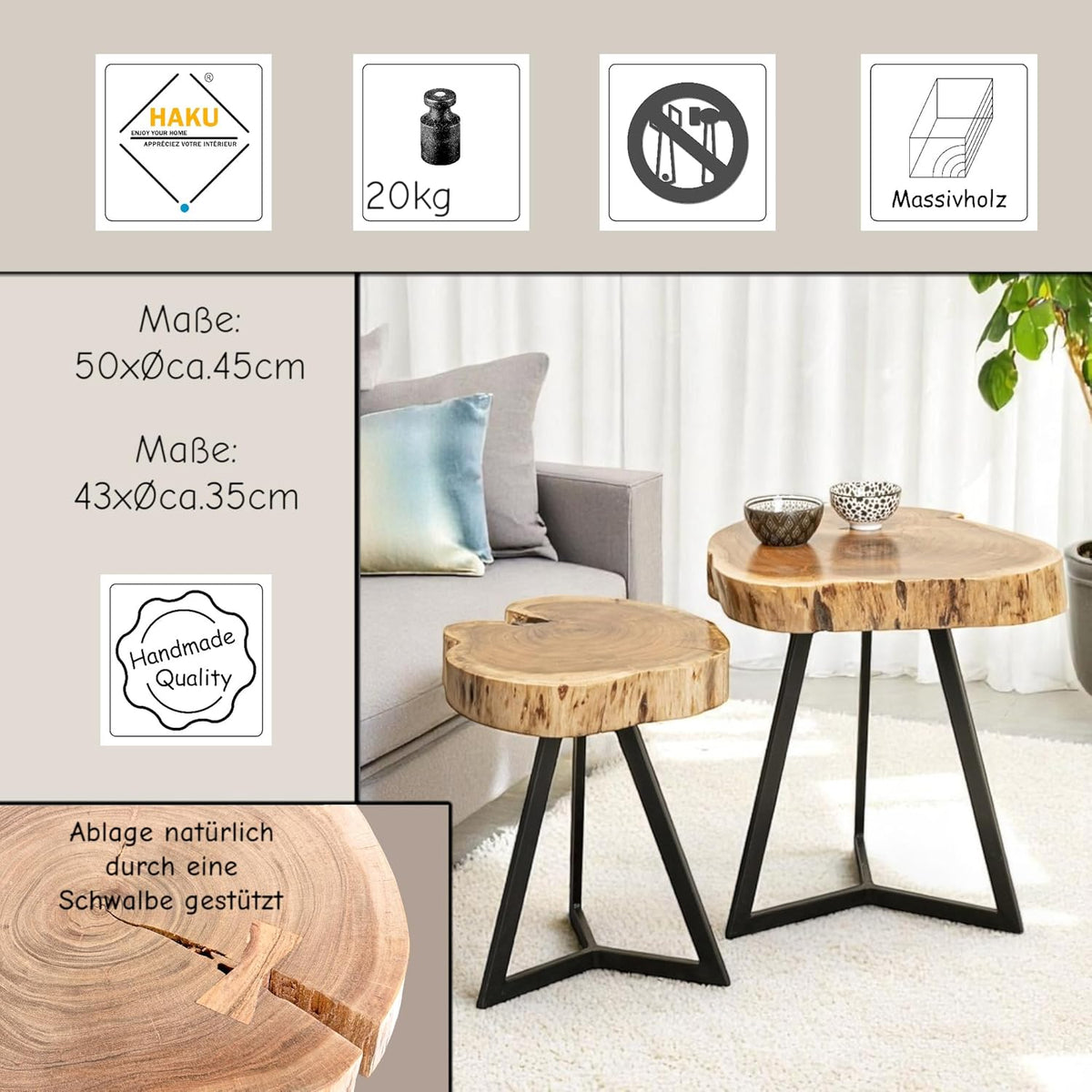 HAKU Bijzettafel acacia, zwart, Massief hout, metaal - Maat: H 50 cm x Ø 45 cm, Stijl: Stedelijk Collectief