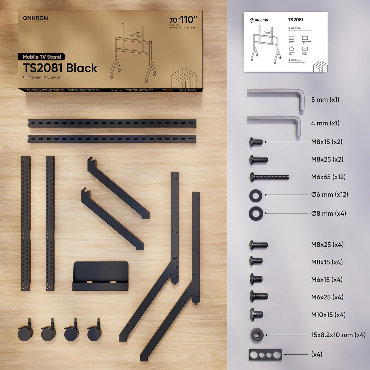 ONKRON TV-standaard op wielen voor 70-110 inch televisies tot 120,5 kg, in hoogte verstelbare TV-standaard max VESA 1000x800, mobiele TV-wagen met wielen/TV-rollwagen met plank zwart TS2081-B