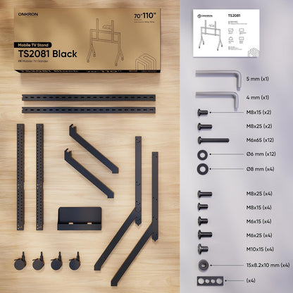 ONKRON TV-standaard op wielen voor 70-110 inch televisies tot 120,5 kg, in hoogte verstelbare TV-standaard max VESA 1000x800, mobiele TV-wagen met wielen/TV-rollwagen met plank zwart TS2081-B