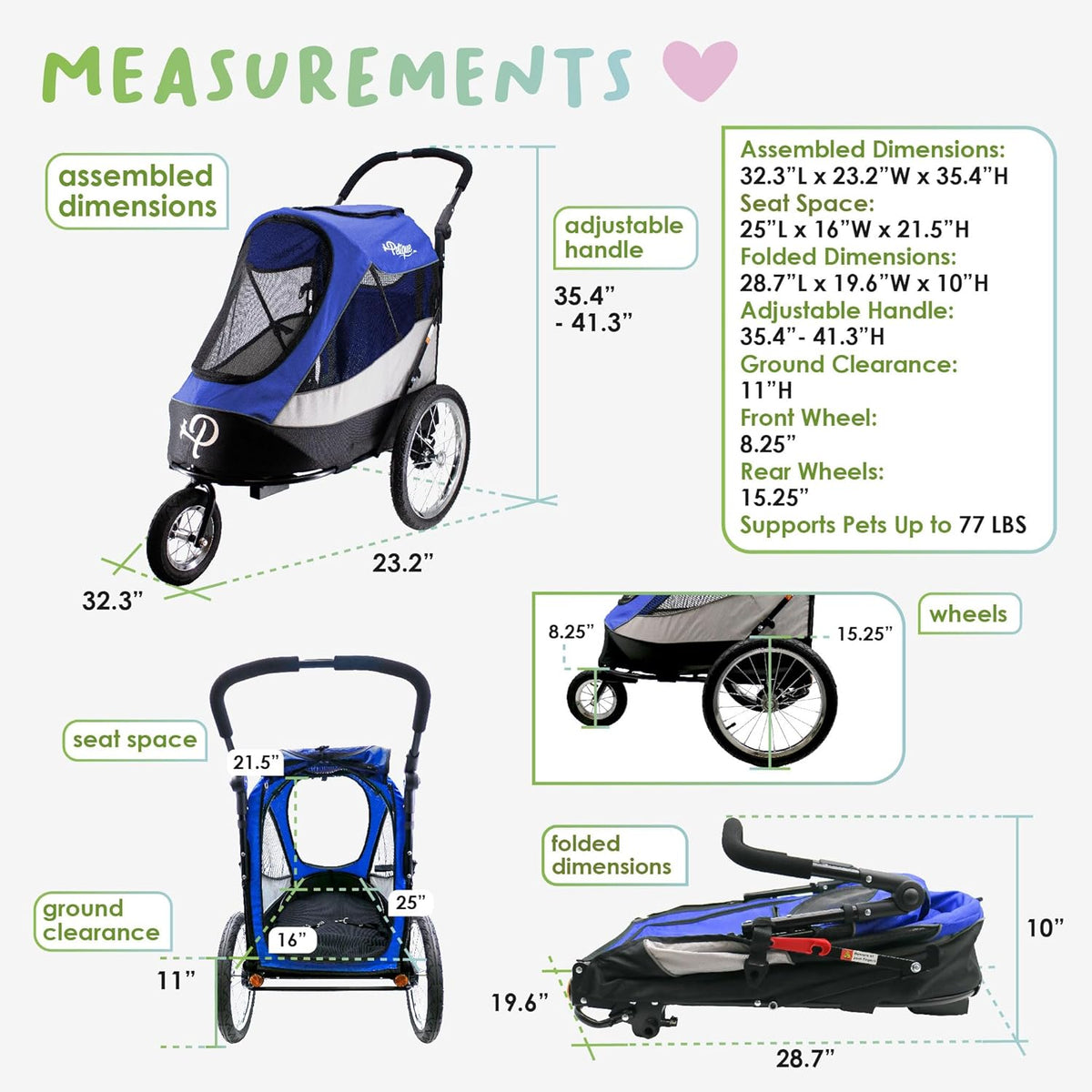 Petique Trailblazer Jogger, hondenwagen voor middelgrote huisdieren, geventileerde huisdierstep voor katten en honden, blauw