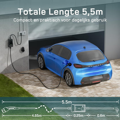 dé EV Charger Type 2 Schuko 3,7kW [5,5m, 1-Fase, 6-16A] Thuislader Type 2 met Digitaal Display, Instelbare Stroom, EV Oplader 3,7kW voor Model Y/3, ID.3/4, EX30, Enyaq en andere EV/PHEV